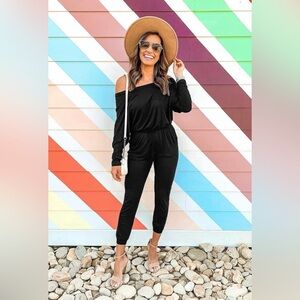 Women's Black Off-Shoulder Jumpsuit Elastic Waist, Size S, NWT, Resortwear